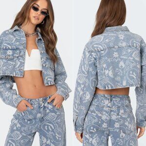 New! Edikted Light Blue Printed Cropped Denim Jacket 21755